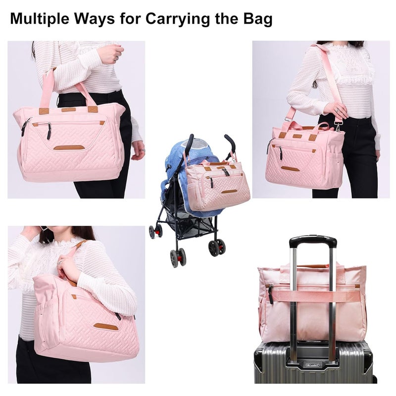FHELAD Diaper Tote Bag for Women, Baby Bags with 15.6 Inch Laptop Compartment, Travel Diaper Bag with Insulated Pocket Ideal for Baby Registry (Pink) - Image 4